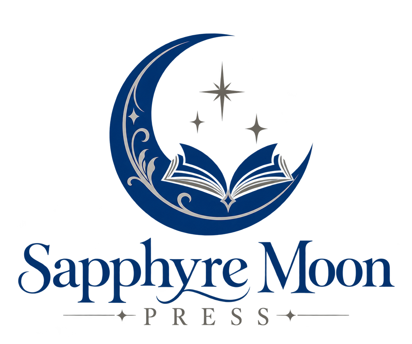 Sapphyre Moon Press — a sapphire crescent moon cradling an open book and silver stars